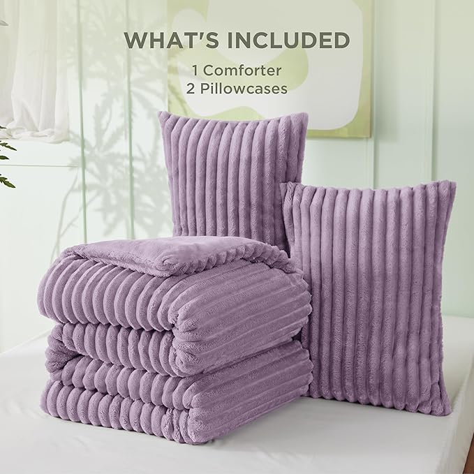 Bedsure King Size Comforter Set - GentleSoft™ 3 Pieces Fluffy Double-Side Fleece Comforter Set, Cozy Striped Room Decor Aesthetic, Luxury Light Purple King Bedding with 2 Pillowcases, 104x90 Inches