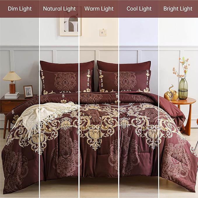 Mybedsoul Burgundy Queen Comforter Set, 7 Pieces Boho Bed in a Bag for Queen Bed, Damask Comforter with Sheets Pillowcases, Soft Microfiber Lightweight Bedding Sets for All Season(90"x90")