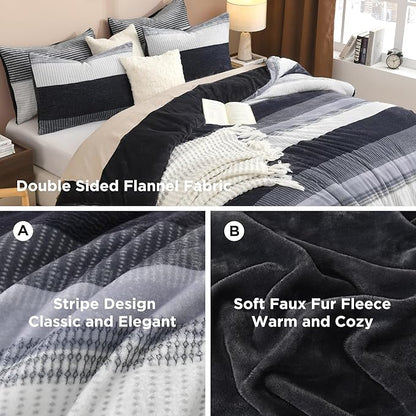 Litanika Fluffy Fleece Full Size Comforter Set, Luxury Soft Plush Fuzzy Dark Grey Stripe Bedding Comforter Sets, Warm Shaggy Faux Fur Bed Set All Season (1 Comforter, 2 Pillowcases)