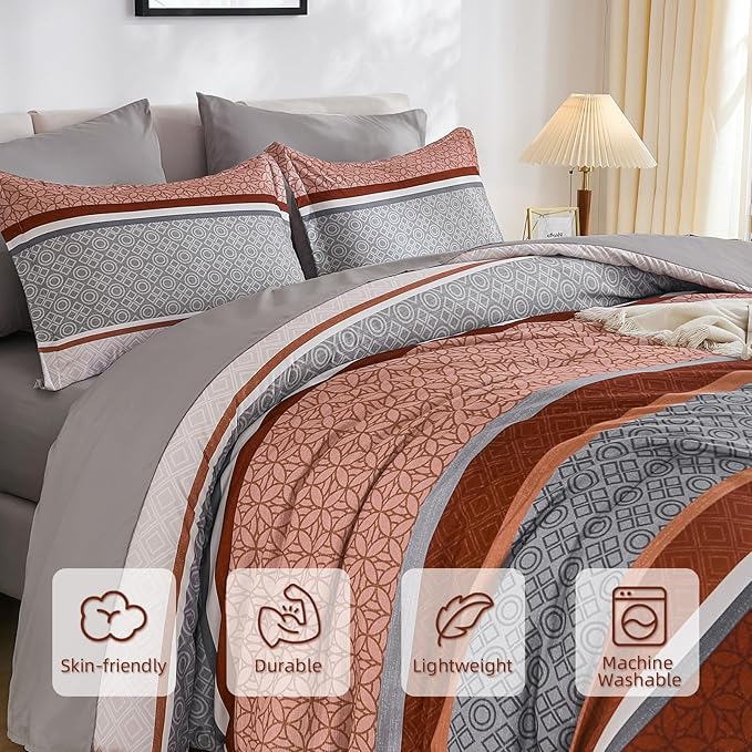 WONGS BEDDING 7 Pieces Comforter Set King Size, Burnt Orange Bed in a Bag Comforter and Sheet Set, Boho Soft Lightweight Micorfiber Bedding Set for All Season (90"×104")