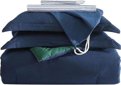 Nautica - Queen Bonus Bed Set, Reversible & Ultra-Soft Brushed Comforter with Lightweight Feel, 7 Piece Bedding with Matching Bed Sheets, Pillowcases, & Tote Bag (Captain's Blue/Green)
