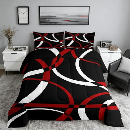 Castle Fairy Black Red White Abstract Stripes Full Size Comforter Set Geometric Circle Bedding Set for Kids Adults Teens Modern Retro Comforter Luxury Geometric Quilt Set Room Decor 3Pcs
