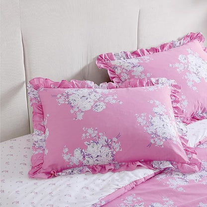 Shabby Chic® - Queen 3-Piece Comforter Set, Reversible Cotton Bedding with Matching Shams, Elegant Floral Home Decor for All Seasons (Brynn Pink, Queen)