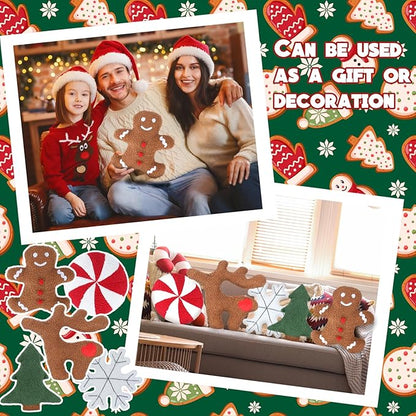 Cumule 5 Pcs Christmas Throw Pillows Cute Xmas Tree Candy Gingerbread Reindeer Snowflake Shaped Plush Pillow for Christmas Winter Holiday Party Outdoor Bedroom Cushion Decoration