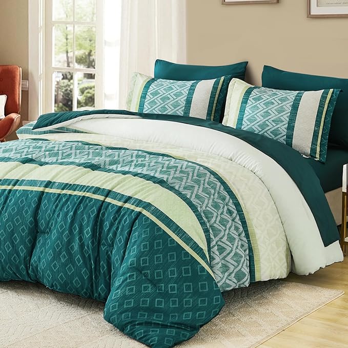 Cottolester Green Comforter Set King Size,Boho Striped Bed in a Bag,Spring Summer Plaid Comforter and Sheet Set, Soft Microfiber Complete Bedding Sets