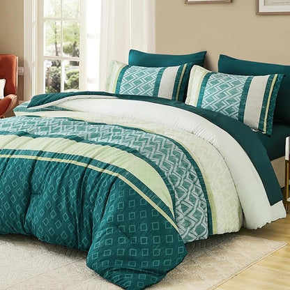 Cottolester Green Comforter Set King Size,Boho Striped Bed in a Bag,Spring Summer Plaid Comforter and Sheet Set, Soft Microfiber Complete Bedding Sets