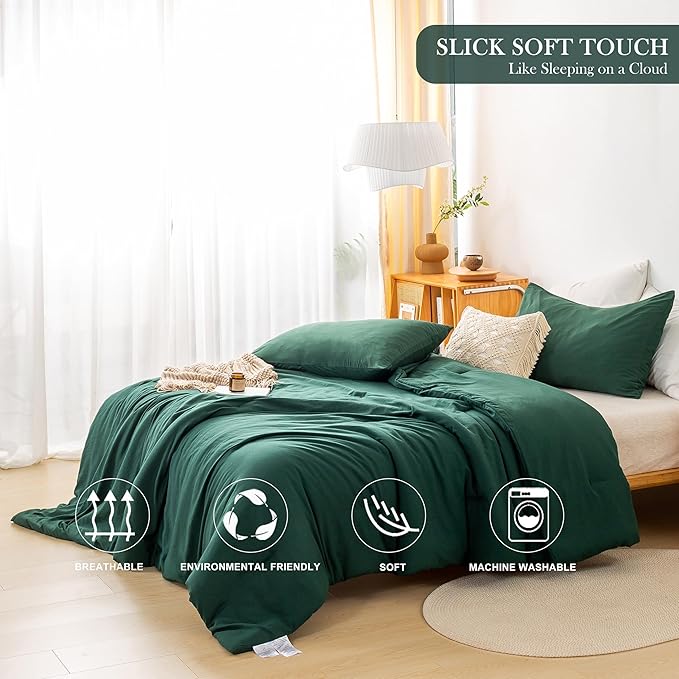 COTTEBED Softness Comforter Set King Size Bed - Super Soft Cotton Polyester Blend Solid Lightweight Bedding Quilt Blanket and 2 Pillowsham All Season - California/Cal King Emerald/Hunter/Forest Green