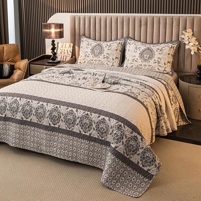 Nordic Style Queen Size Quilt Comforter Sets 3 Pieces Quilts (1 Quilt, 2 Pillow Shams) Nordic Bedding Set Printed Coverlet with Pillowcase Lightweight Bedspread Set for All Seasons(Grey)