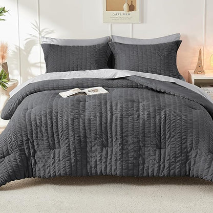 HYMOKEGE Dark Grey/Light Grey California King Comforter Set Seersucker 7 Pieces, All Season Luxury Bed in a Bag for Bedroom, Bedding Set with Comforter, Sheets, Pillowcases & Shams