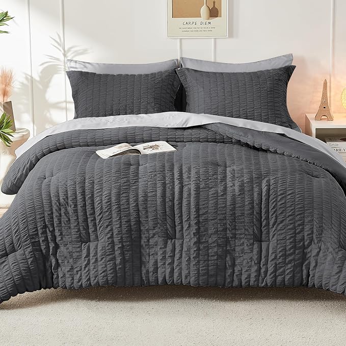HYMOKEGE Dark Grey/Light Grey Queen Comforter Set Seersucker 7 Pieces, All Season Luxury Bed in a Bag Queen for Bedroom, Bedding Set with Comforter, Sheets, Pillowcases & Shams