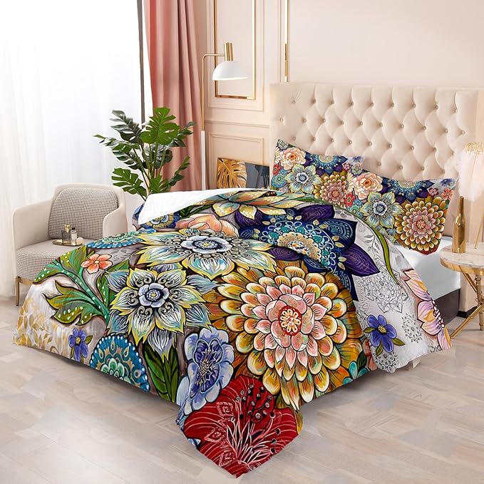 3 Piece Boho Floral Bedding Set,Colorful Flowers Comforter Set,Bohemian Reversible Down Alternative Bed Sets,90"x90" Soft Microfiber Flower Duvet Vintage Bedding in a Bag for Women Men