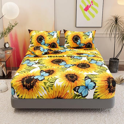 6 Pieces Sunflower Comforter Sets,3D Pattern with Sunflower Blue Butterflies,Decorative 6 Piece Bedding Sets with Comforter,Flat Sheet,Fitted Sheet,Throw Pillow Cover,Pillow Shams,King Size