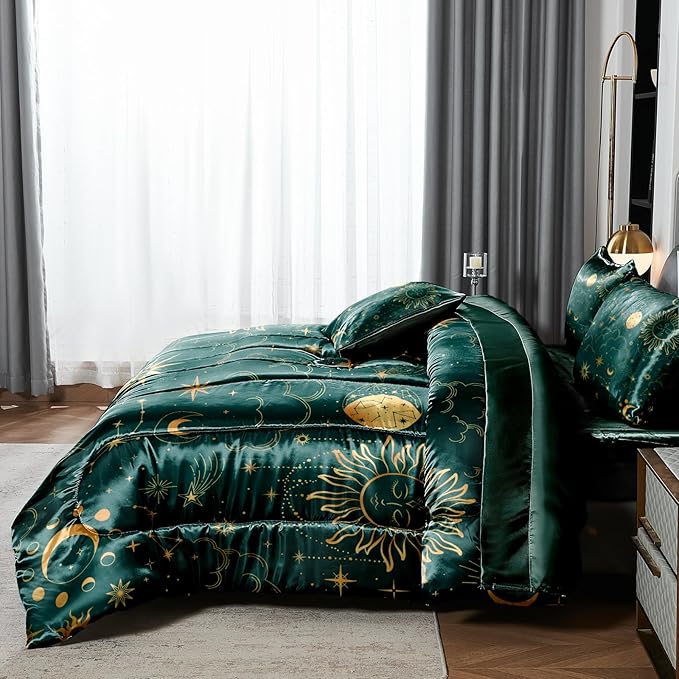 Sun and Moon Comforter Set Blue Green Satin Bedding Queen Stars Cloud Galaxy Comforter Mysterious Celestial Theme Silk Like Silky Bed in A Bag with Comforter and Sheets
