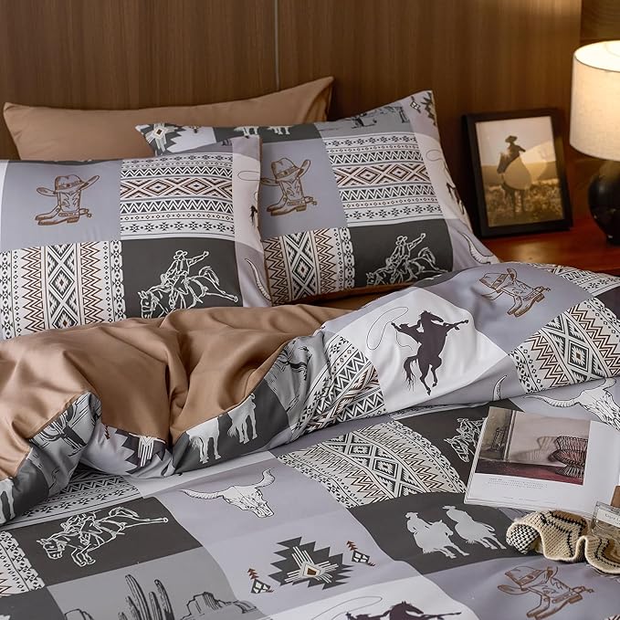 Wake In Cloud - Western Comforter Set, Southwestern Aztec Country Horse Cowboy Rustic Ranch Pattern Printed, Soft Lightweight Bedding, 3 Pieces, Gray Brown, King Size
