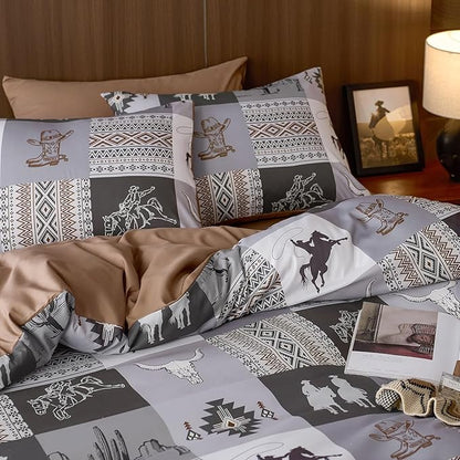 Wake In Cloud - Western Comforter Set, Southwestern Aztec Country Horse Cowboy Rustic Ranch Pattern Printed, Soft Lightweight Bedding, 3 Pieces, Gray Brown, King Size