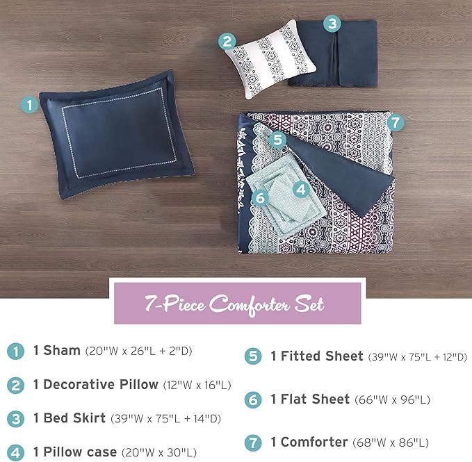 Intelligent Design Complete Bed In A Bag Casual Boho Comforter with Sheet Set Decorative Pillow, All Season Bedding Set, Twin, Loretta Navy 7 Piece