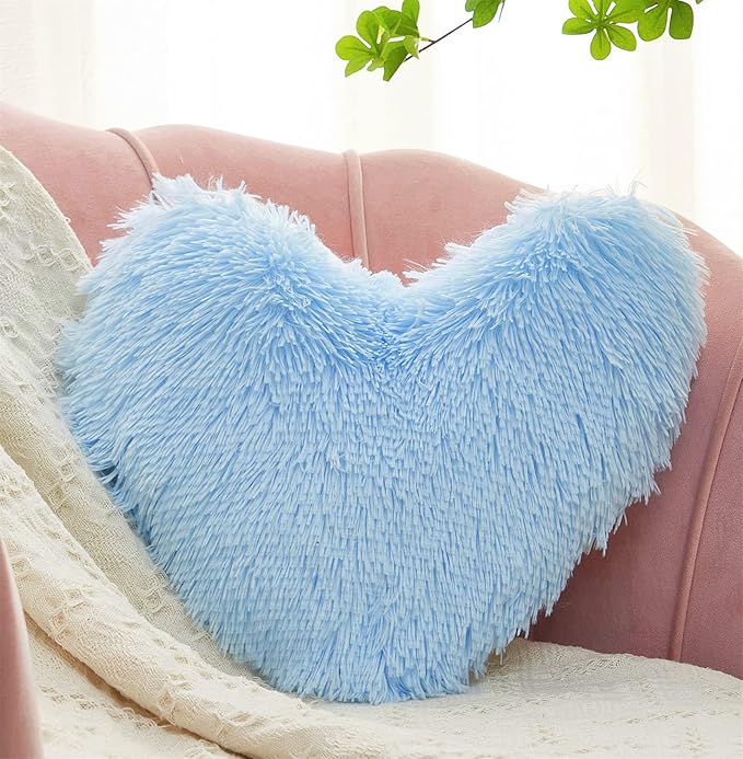 MOOWOO Fluffy Heart Pillow Gift for Girls Kids, Shaggy Plush Faux Fur and Sherpa, Cute Soft Throw Cushion Gift for Thanks Giving,Mothers Day,Valentines Day Decor,Heart Shaped (Blue)