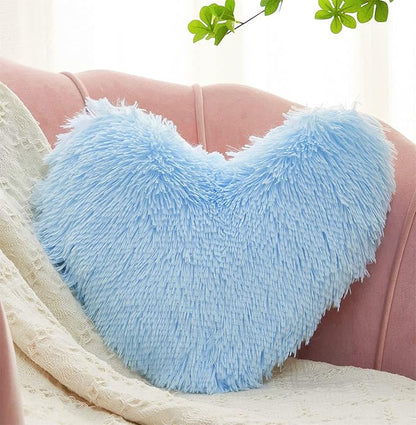 MOOWOO Fluffy Heart Pillow Gift for Girls Kids, Shaggy Plush Faux Fur and Sherpa, Cute Soft Throw Cushion Gift for Thanks Giving,Mothers Day,Valentines Day Decor,Heart Shaped (Blue)