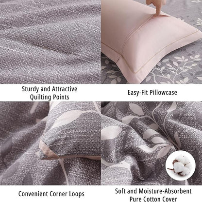 Vintage Gray Cotton Comforter King Size 3Pcs - Luxurious Design with White & Charcoal Branches Pattern, Elegant Dusty Pink Reversible Lightweight Bedding Sets with Soft Fill(104"×90")