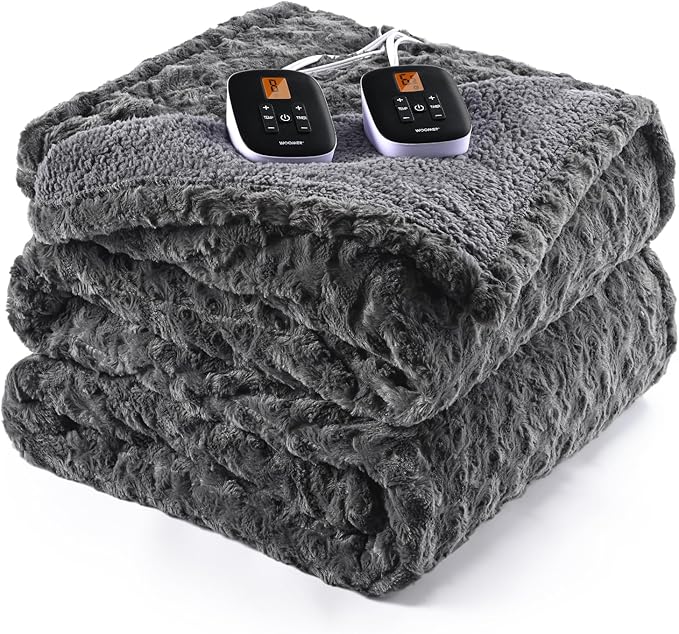 WOOMER Heated Blanket King Size 100" x 90", Electric Blanket with Dual Controls, 0.5-12 Hours Timer & 10 Heating Levels, ETL Certified, Dark Grey Rose Patterns Faux Fur & Sherpa, Machine Washable