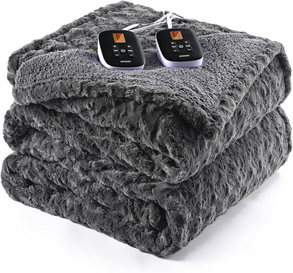 WOOMER Heated Blanket King Size 100" x 90", Electric Blanket with Dual Controls, 0.5-12 Hours Timer & 10 Heating Levels, ETL Certified, Dark Grey Rose Patterns Faux Fur & Sherpa, Machine Washable