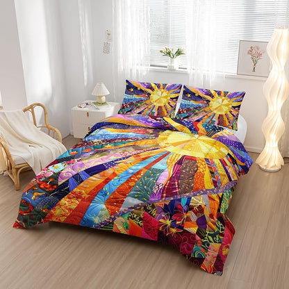 Sun Boho Comforter Set Queen Size 3 Pieces Bed in a Bag,Color Wildflower Garden Floral Bedding Set for Boys Girls Women, Floral Aesthetic Rustic Farmhouse Botanical Bedroom with 2 Pillow Covers