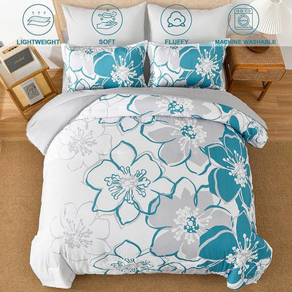 Anibedding Teal Floral Comforter Set King Size 7 Piece, Teal Blue Flower Bed in a Bag, Elegant Botanical Floral Comforter Soft Microfiber Complete Bedding Set for All Season, (Teal, 104"x90")