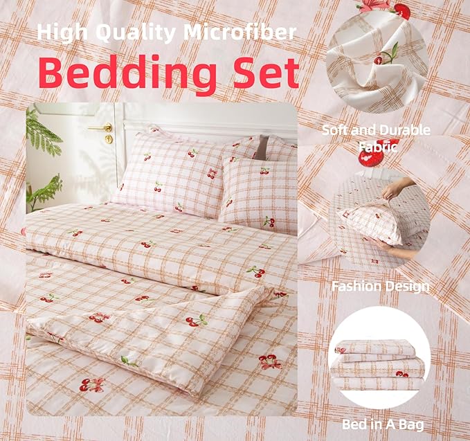 SDY 7PCS Pink Cherry Plaid Comforter and Sheet Set Queen Size, Super Cute Soft Microfiber Gingam Bedding Set for Kids with 1*Comforter,1* Flat Sheet, 1*Fitted Sheet.2*Pillowcases and PillowcaseShams