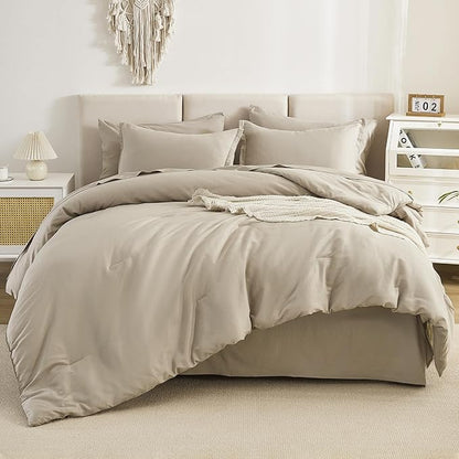 Litanika Comforter California King Size Set Oatmeal - 7 Pieces Bed in a Bag California King Bedding Comforter Set, Plain Lightweight Bed Set with Comforter, Sheets, Pillowcases & Shams