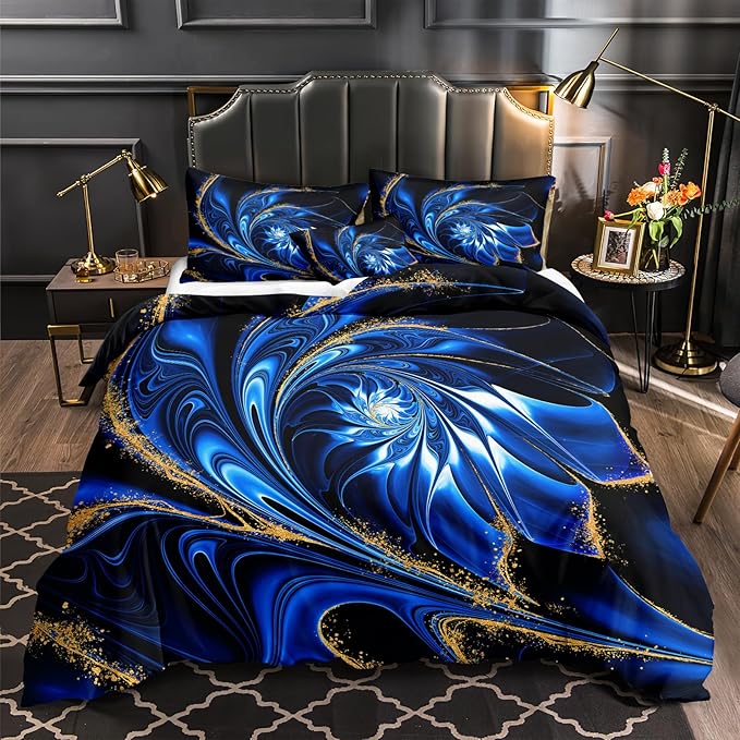 Blue Gold Comforter Black Marble Bedding Comforter Full Size Bed Set Black Gold Swirl Marble Natural Design Tie Dye Watercolor Abstract Bed in a Bag Dark Blue