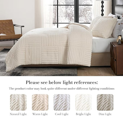 Amélie Home Queen Comforter Set, Beige Fleece Bedding Set with Stripe Jacquard, Soft Fluffy Bedding Set for Winter, 3 Pieces, 1 Warm Comforter and 2 Pillowcases
