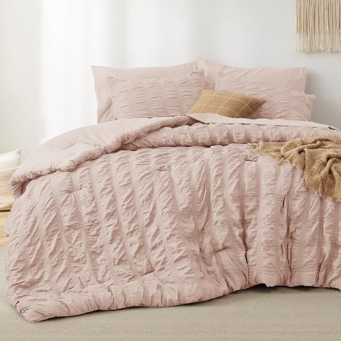 Bedsure Bed in a Bag Queen - 7 Pieces Plaid Seersucker Bedding Comforter Sets, Soft Lightweight Rose Dust Boho Bed Set with Comforters Queen Size, Sheets, Pillowcases & Shams