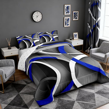 Gray Black Blue Swirls Bedding Comforters Retro Circle Stripes Comforter Set for Boys Kids Modern Abstract Bedding Duvet Color Art Home Decoration for All Season,1 Comforter Set + 2 Pillowcases,Full