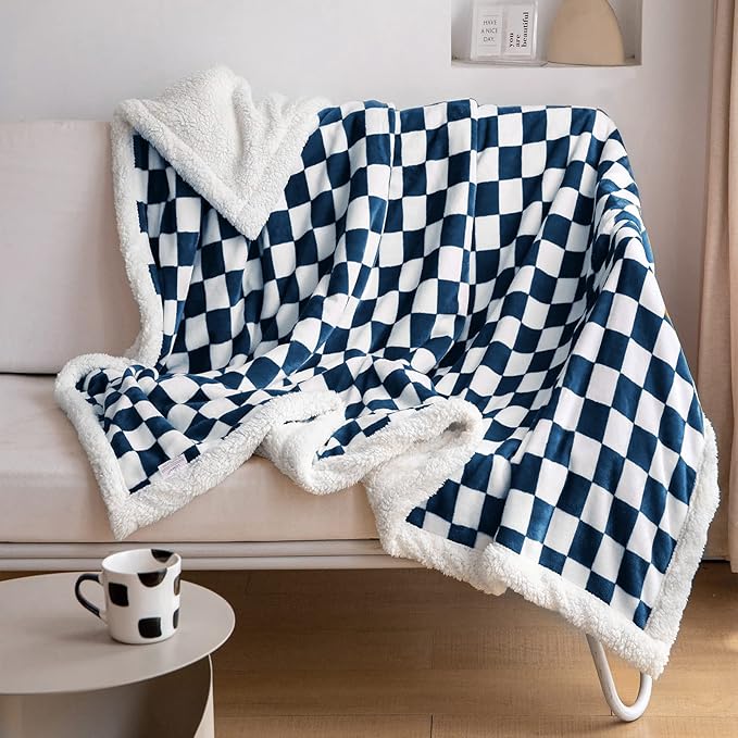 LOMAO Sherpa Throw Blanket Fleece Blanket with Checkered Pattern Soft Thick Blanket for Couch, Bed, Sofa Luxurious Warm and Cozy for All Seasons (Navy, 60"x80")