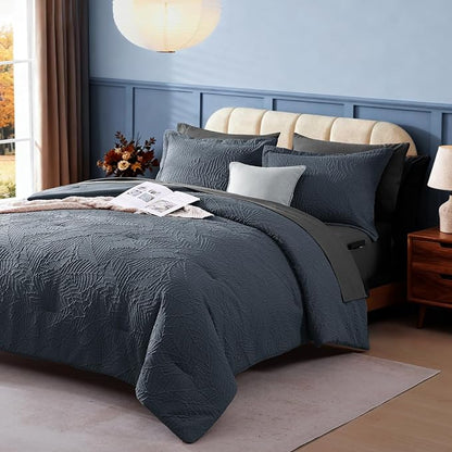 Geniospin Full Size Comforter Set - Blue Gray Textured Bedding Sets Full 7 Pieces, Bed in A Bag with Comforter, Sheets, Pillowcases & Shams, All Season Blue Gray Bedding