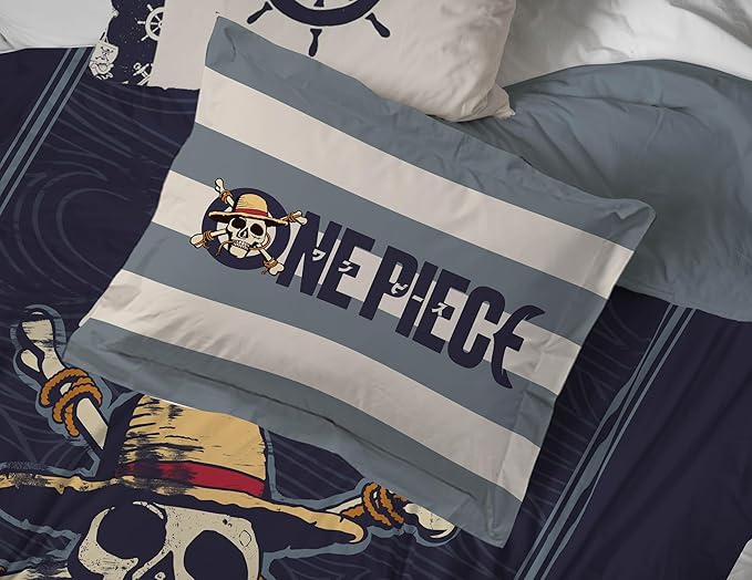 Jay Franco One Piece Queen Size Comforter Set - 7 Piece Blue Bedding Includes Sheet Set & Pillow Covers - Super Soft Anime Bedding with Skull and Bones