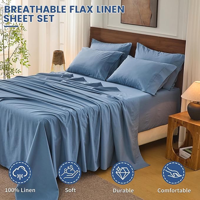 Bedlifes 100% French Flax Linen Sheets Set Queen Size - 6 Piece Extra Deep Pocket 18-24",Soft Breathable Queen Bed Sheets with Temperature Regulating & Moisture-Wicking(Flint Blue