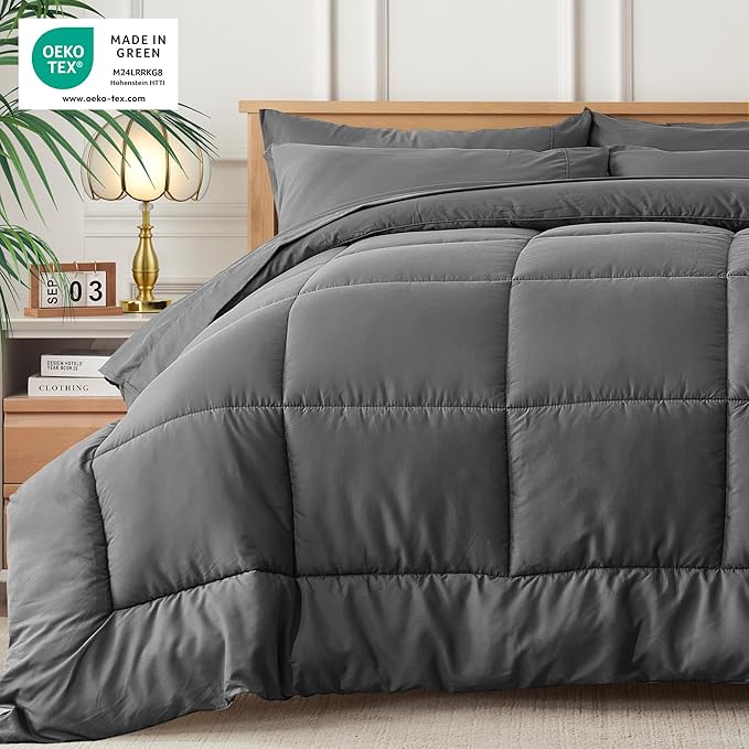 Newspin Full Comforter Set Grey - Bed in a Bag Full Size 7 Pieces, All Season Bed Set, Fluffy Comforter Set with Sheets, Sheet Set Quilt Blanket, Pillowcases & Shams