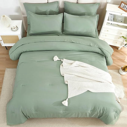 Litanika Comforter California King Size Set Sage Green - 7 Pieces Bed in a Bag California King Bedding Comforter Sets, Plain Lightweight Bed Set with Comforter, Sheets, Pillowcases & Shams