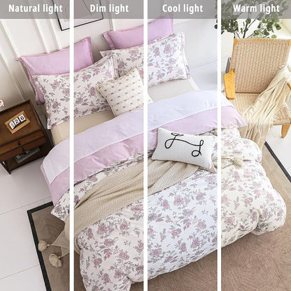 Pink Floral Cotton Comforter King Size 3PC - Vintage Romantic Botanical on Soft White with Smoky Pink Floral Reverse – Cozy Reversible Lightweight Comforter Set with Soft Fill(104"×90")
