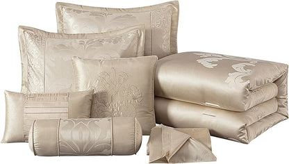 Chezmoi Collection Royale 7-Piece Jacquard Floral Comforter Set, Oversized Queen, Champagne