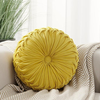 Round Throw Pillow Velvet Home Decoration Soft Pleated Pumpkin Round Floor Cushion for Couch Chair Bed Car Decorative(Yellow14inch)