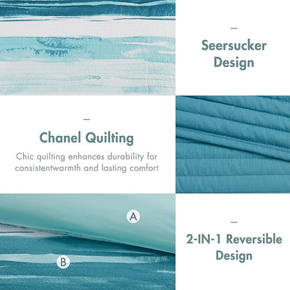 Madison Park Marina Comforter Quilt Combo Set - Modern Luxury Design, All Season Down Alternative Bedding, Matching Shams, Decorative Pillows, Full/Queen(90"x90"), Aqua 8 Piece