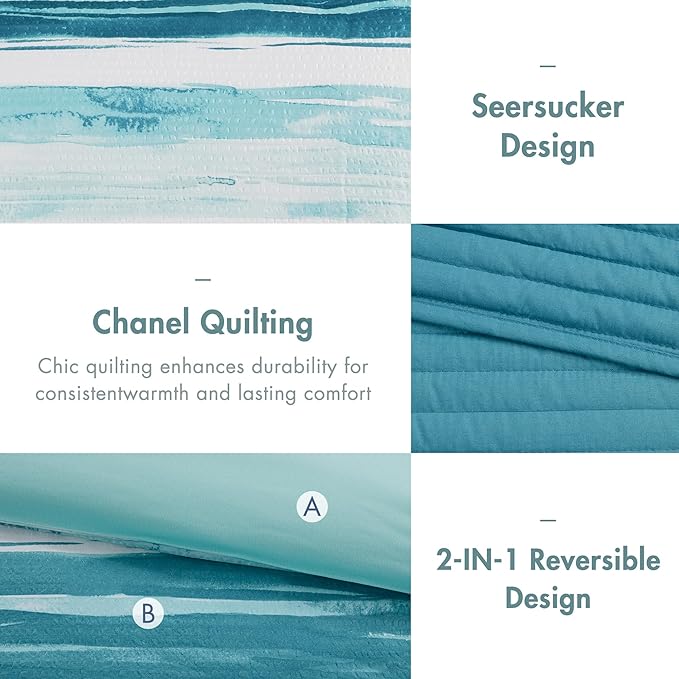 Madison Park Marina Comforter Quilt Combo Set - Modern Luxury Design, All Season Down Alternative Bedding, Matching Shams, Decorative Pillows, King/Cal King(104"x92"), Aqua 8 Piece