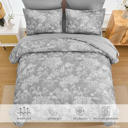 DJY Grey Comforter Set King, 7 Pieces Grey Botanical Comforters King Size Elegant Plants Print with Sheets Bed in a Bag Soft Microfiber Reversible Complete Bedding Sets for All Season