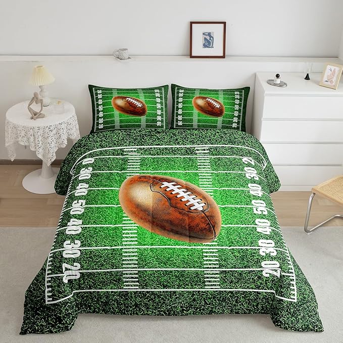 Feelyou Rugby Comforter Set King Size Football Comforter for Boys Girls Teens Soccer Ball Game Bedding Set Gift for Football Lover Duvet Set Bright Green Quilt Set