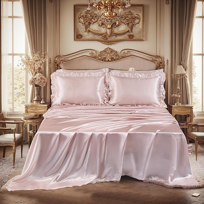 Luxury Silky Comforter Set with Sheet Set King 8 Pieces Light Pink Bedding Set Silk Like Satin Ruffle Pattern Home Deocr Sexy Hotel Silky Bed Set with 1 Cushion Cover