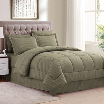 King Size Comforter Set 8 Piece Bed in a Bag with Bed Skirt, Fitted Sheet, Flat Sheet, 2 Pillowcases, 2 Pillow Shams, King, Dobby Sage