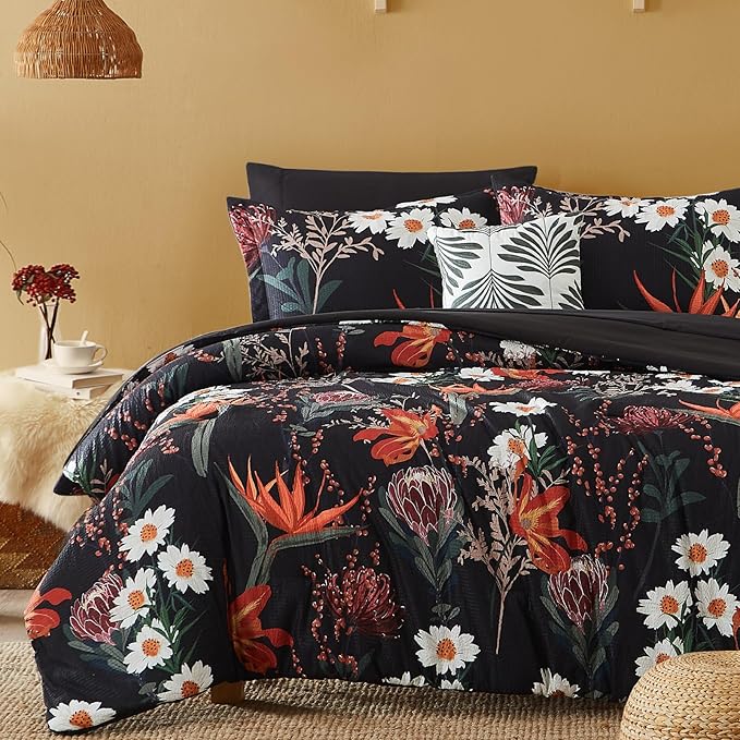 CASAAGUSTO King Size Comforter Set, 7 PCS Black Shore Floral Comforter Set with Flowers Leaves Pattern, Soft All Season King Bedding Set (102"X90")