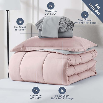 Nestl 5 Piece Twin Comforter Set – Blush Pink Reversible Bed in a Bag – Complete Twin Size Bedding Set with Sheets, Pillowcase and Sham